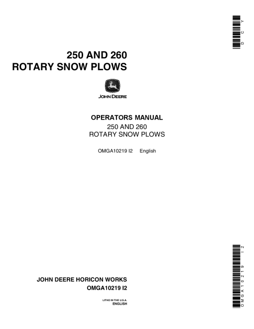 John Deere 250, 260 Rotary Snow Plows OMGA10219 Operators and Maintenance Manual PDF Download