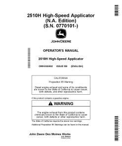 John Deere 2510H High-Speed Applicator OMKK60492 Operators and Maintenance Manual PDF Download
