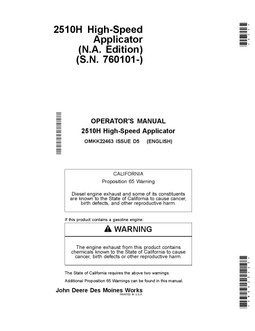 John Deere 2510H High-Speed Applicators (Low-Disturbance) North American Edition (760101-) OMKK22463 Operators and Maintenance Manual PDF Download