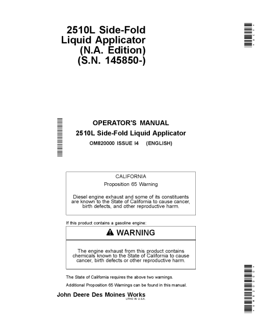John Deere 2510L Side-Fold Liquid Applicator North American Edition (145850-) OM820000 Operators and Maintenance Manual PDF Download