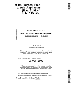 John Deere 2510L Vertical-Fold Liquid Applicator (145850-) OM820002 Operators and Maintenance Manual PDF Download