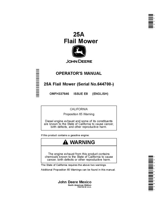 John Deere 25A Flail Mower OMFH337646 Operators and Maintenance Manual PDF Download