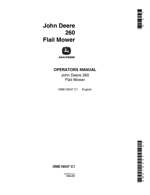 John Deere 260 Flail Mower OME16047 Operators and Maintenance Manual PDF Download