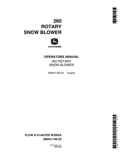 John Deere 260 Rotary Snow Blower OMA41196 Operators and Maintenance Manual PDF Download