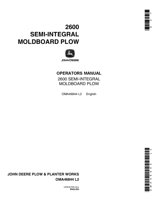 John Deere 2600 Semi-Integral Moldboard Plow OMA46844 Operators and Maintenance Manual PDF Download