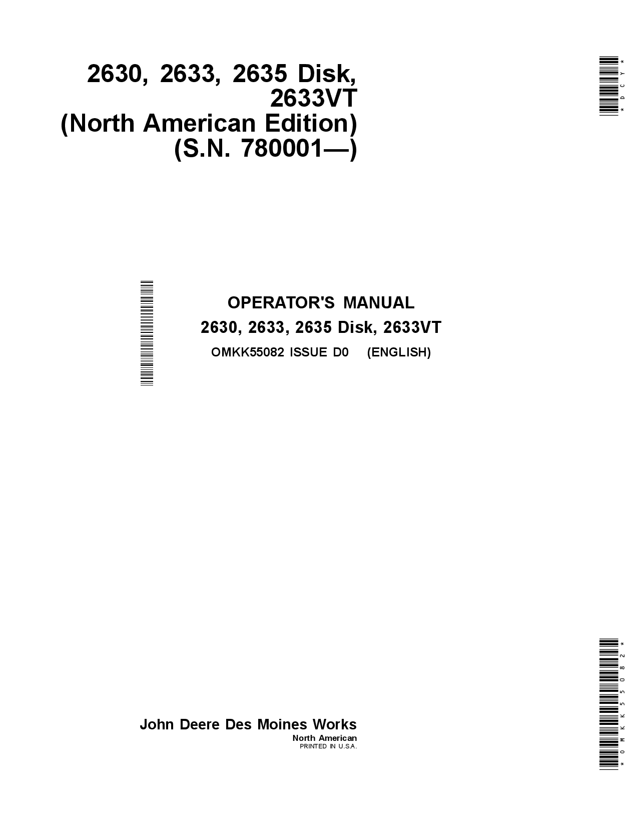 John Deere 2630, 2633, 2635, and 2633VT Disk (780001-) OMKK55082 Operators and Maintenance Manual PDF Download