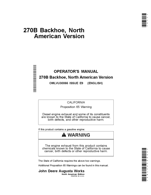 John Deere 270B Backhoe OMLVU30066 Operators and Maintenance Manual PDF Download