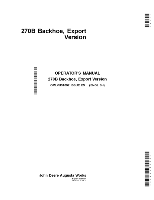 John Deere 270B Backhoe OMLVU31002 Operators and Maintenance Manual PDF Download