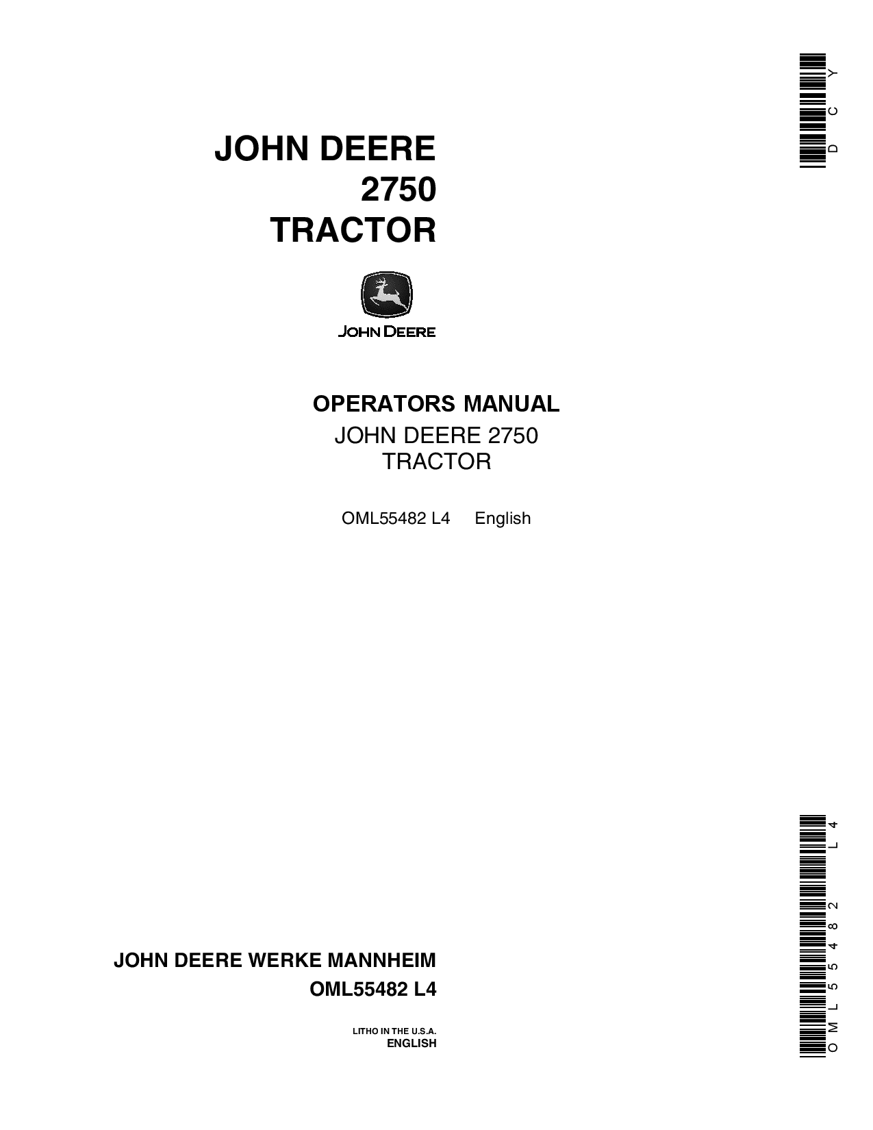 John Deere 2750 Tractor - Industrial Equipment OML55482 Operators and Maintenance Manual PDF Download