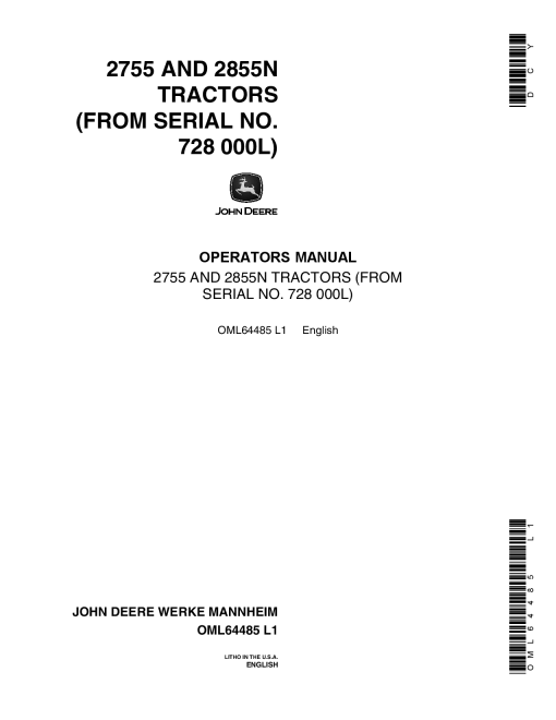 John Deere 2755, 2855N Tractors OML64485 Operators and Maintenance Manual PDF Download