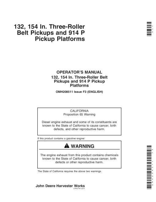 John Deere 3-Roller Belt Pickup (132, 154 In.), 914P Platform OMH208511 Operators and Maintenance Manual PDF Download
