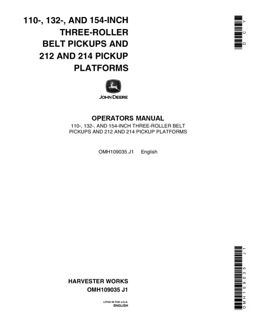 John Deere 3-Roller Belt Pickups (110, 132, 154 In.), 212 214 Platform OMH109035 Operators and Maintenance Manual PDF Download