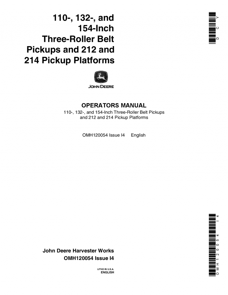 John Deere 3Roller Belt Pickups (110, 132, 154 In.), 212 214 Platform OMH120054 Operators and