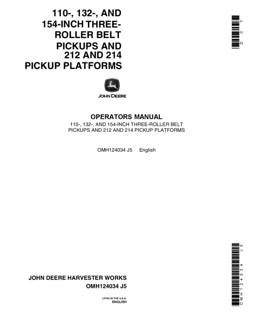 John Deere 3-Roller Belt Pickups (110, 132, 154 In.), 212 214 Platform OMH124034 Operators and Maintenance Manual PDF Download