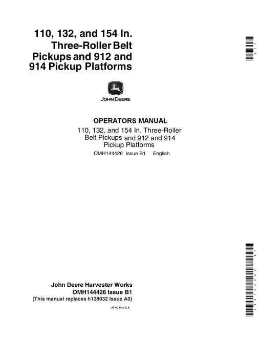 John Deere 3-Roller Belt Pickups (110, 132, 154 In.), 912914 Platform (600001 -) OMH144426 Operators and Maintenance Manual PDF Download