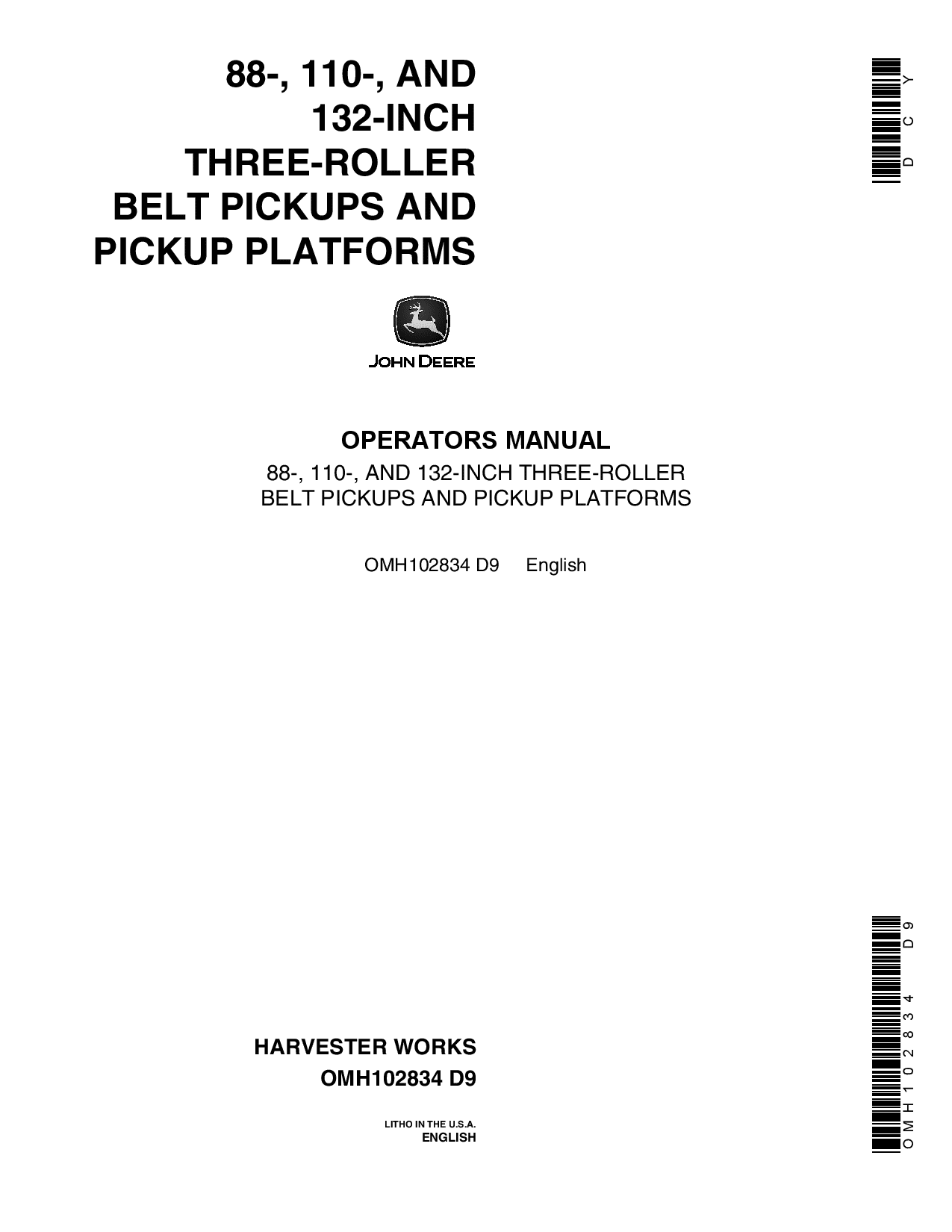 John Deere 3-Roller Belt Pickups (88, 110, 132 Inch) and Pickup Platforms OMH102834 Operators and Maintenance Manual PDF Download