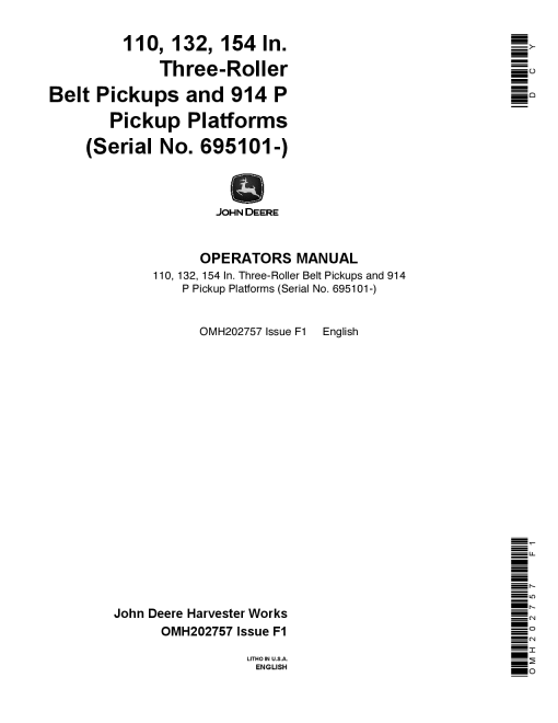 John Deere 3-Roller Belt Pickups and 914 P Platforms (695101-) OMH202757 Operators and Maintenance Manual PDF Download