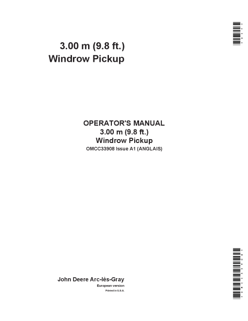 John Deere 3.00 m (9.8 ft.) Windrow Pickup OMCC33908 Operators and Maintenance Manual PDF Download