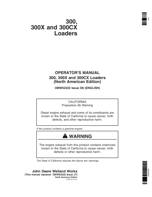 John Deere 300, 300X & 300CX Loaders OMW52222 Operators and Maintenance Manual PDF Download