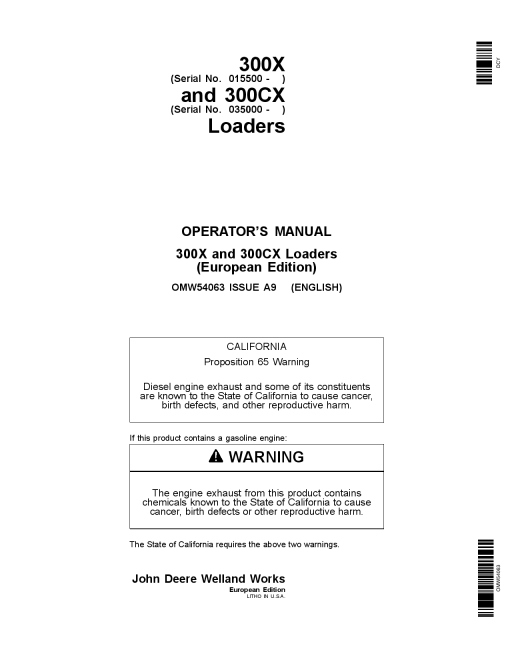 John Deere 300X & 300CX Loaders OMW54063 Operators and Maintenance Manual PDF Download