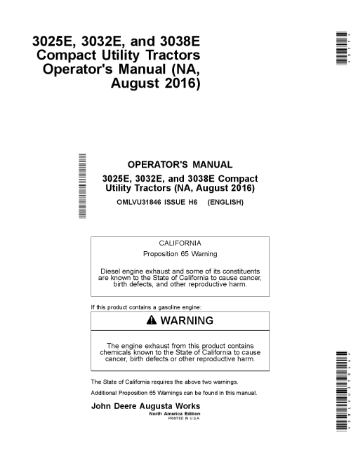 John Deere 3025E, 3032E & 3038E Compact Utility Tractors (North American Edition) OMLVU31846 Operators and Maintenance Manual PDF Download