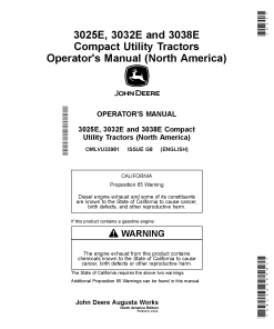 John Deere 3025E, 3032E & 3038E Compact Utility Tractors OMLVU33981 Operators and Maintenance Manual PDF Download