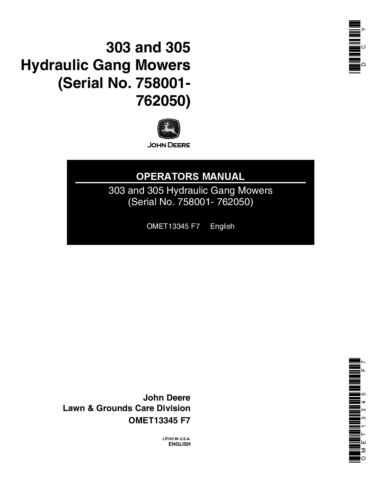 John Deere 303 &305 Hydraulic Gang Mowers OMET13345 Operators and Maintenance Manual PDF Download