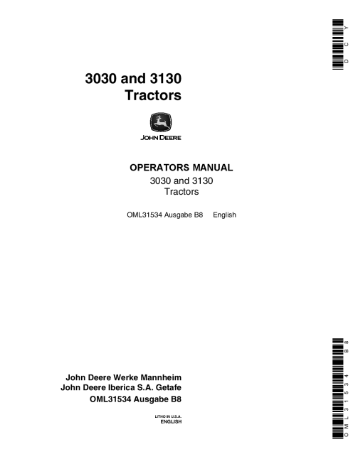 John Deere 3030 & 3130 Tractors Order with OML30986 European Edition OML31534 Operators and Maintenance Manual PDF Download