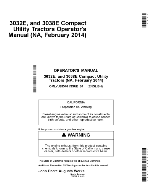 John Deere 3032E & 3038E Compact Utility Tractors North American Edition (610000-709999) OMLVU28546 Operators and Maintenance Manual PDF Download