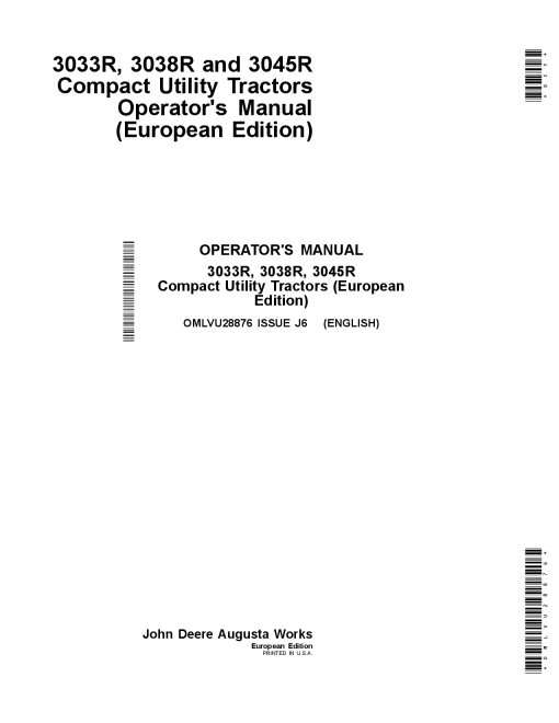 John Deere 3033R, 3038R & 3045R Compact Utility Tractors (European Edition) OMLVU28876 Operators and Maintenance Manual PDF Download