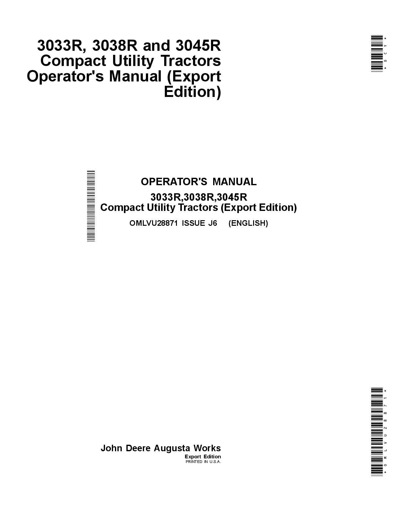 John Deere 3033R, 3038R & 3045R Compact Utility Tractors (Export Edition) OMLVU28871 Operators and Maintenance Manual PDF Download