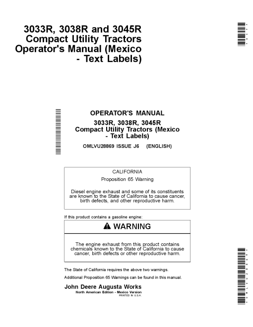 John Deere 3033R, 3038R & 3045R Compact Utility Tractors (Mexico Edition) OMLVU28869 Operators and Maintenance Manual PDF Download
