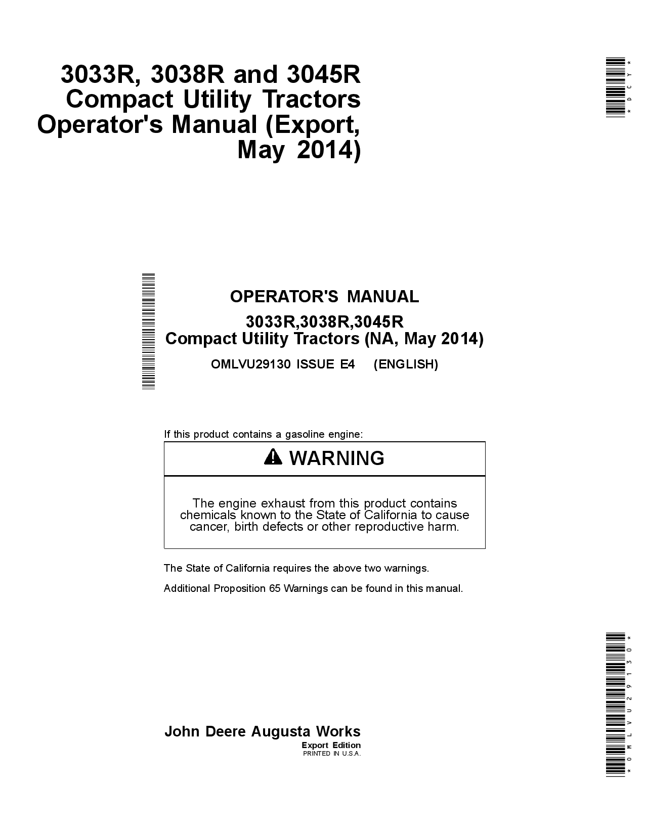 John Deere 3033R, 3038R, and 3045R Compact Utility Tractors (010001-) OMLVU29130 Operators and Maintenance Manual PDF Download