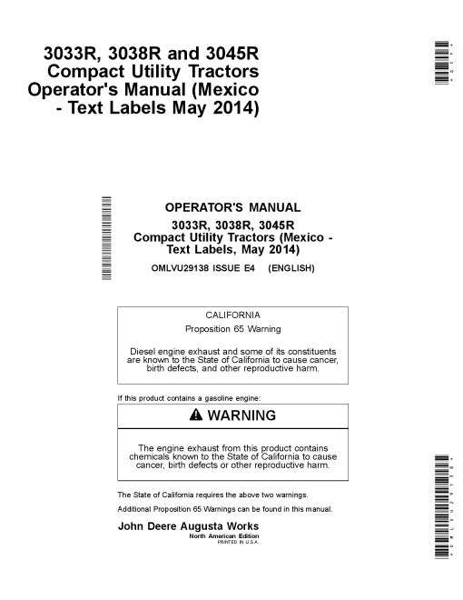 John Deere 3033R, 3038R, and 3045R Compact Utility Tractors (Mexico - with Saftey Text Labels)(010001-) OMLVU29138 Operators and Maintenance Manual PDF Download