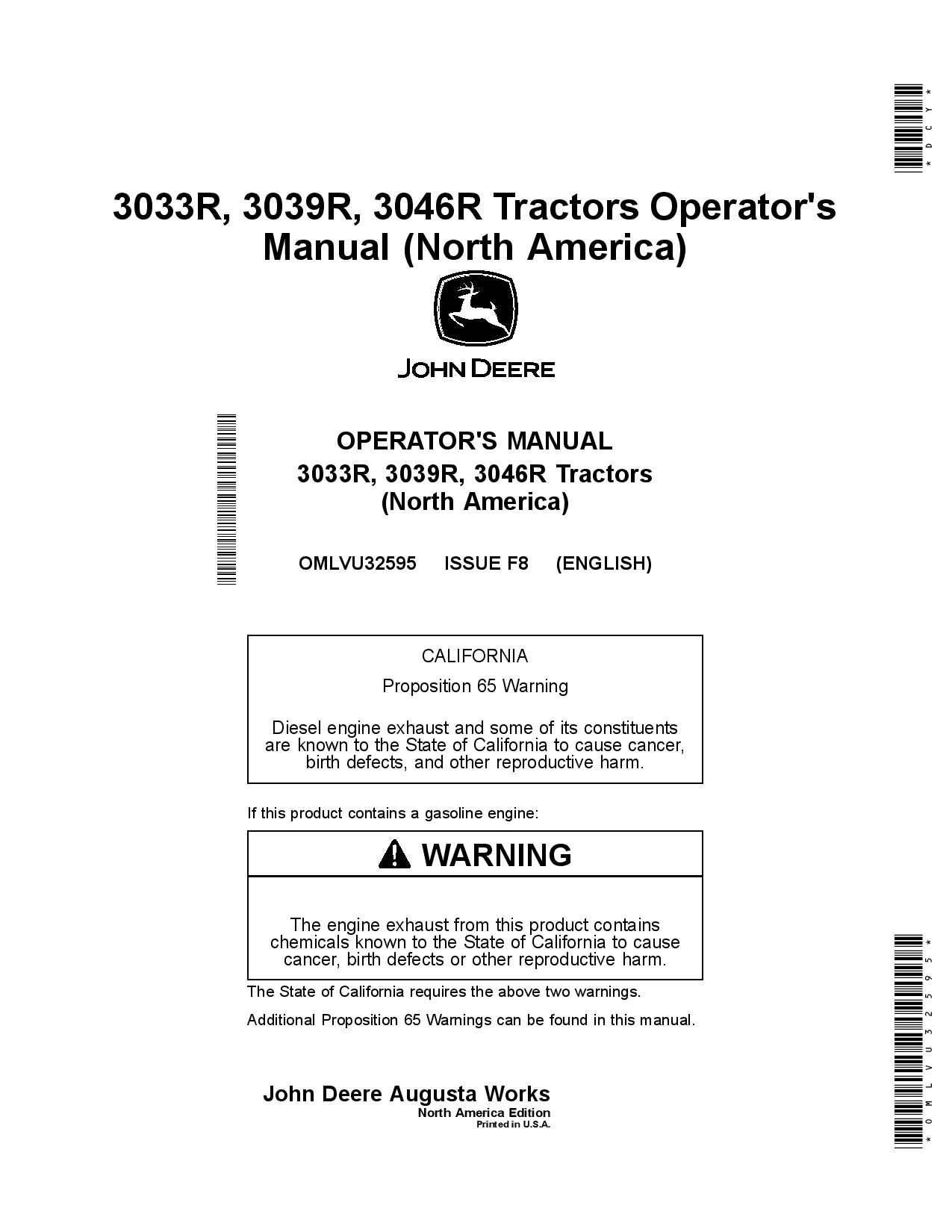 John Deere 3033R, 3039R & 3046R Tractors OMLVU32595 Operators and Maintenance Manual PDF Download