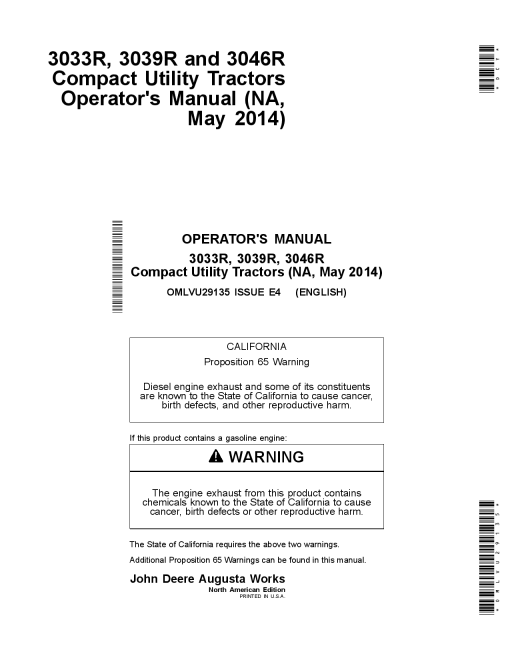 John Deere 3033R, 3039R and 3046R Compact Utility Tractors (010001-) OMLVU29135 Operators and Maintenance Manual PDF Download