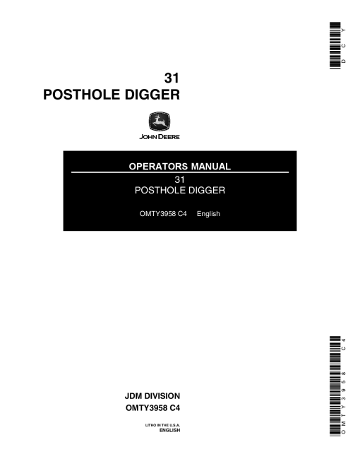 John Deere 31 Posthole Digger For Utility Tractors OMTY3958 Operators and Maintenance Manual PDF Download