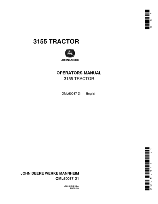 John Deere 3155 Utility Tractor OML60017 Operators and Maintenance Manual PDF Download