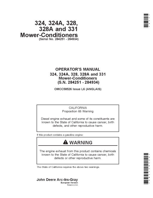 John Deere 324, 324A, 328, 328A and 331 Mower-Conditioners OMCC58526 Operators and Maintenance Manual PDF Download