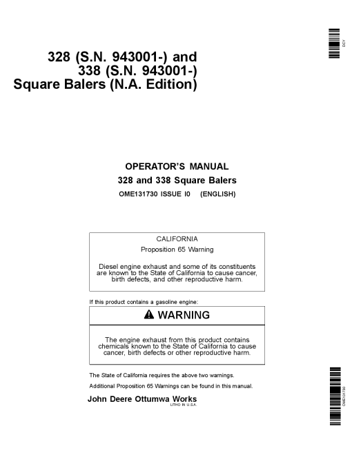 John Deere 328, 338 Square Balers OME131730 Operators and Maintenance Manual PDF Download