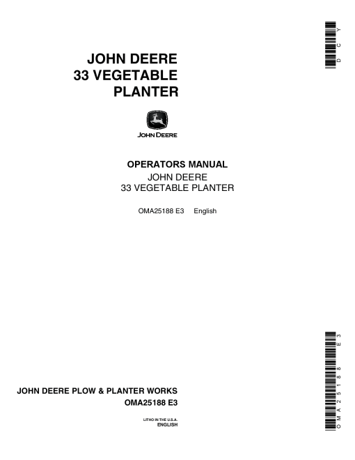 John Deere 33 Vegetable Planter OMA25188 Operators and Maintenance Manual PDF Download