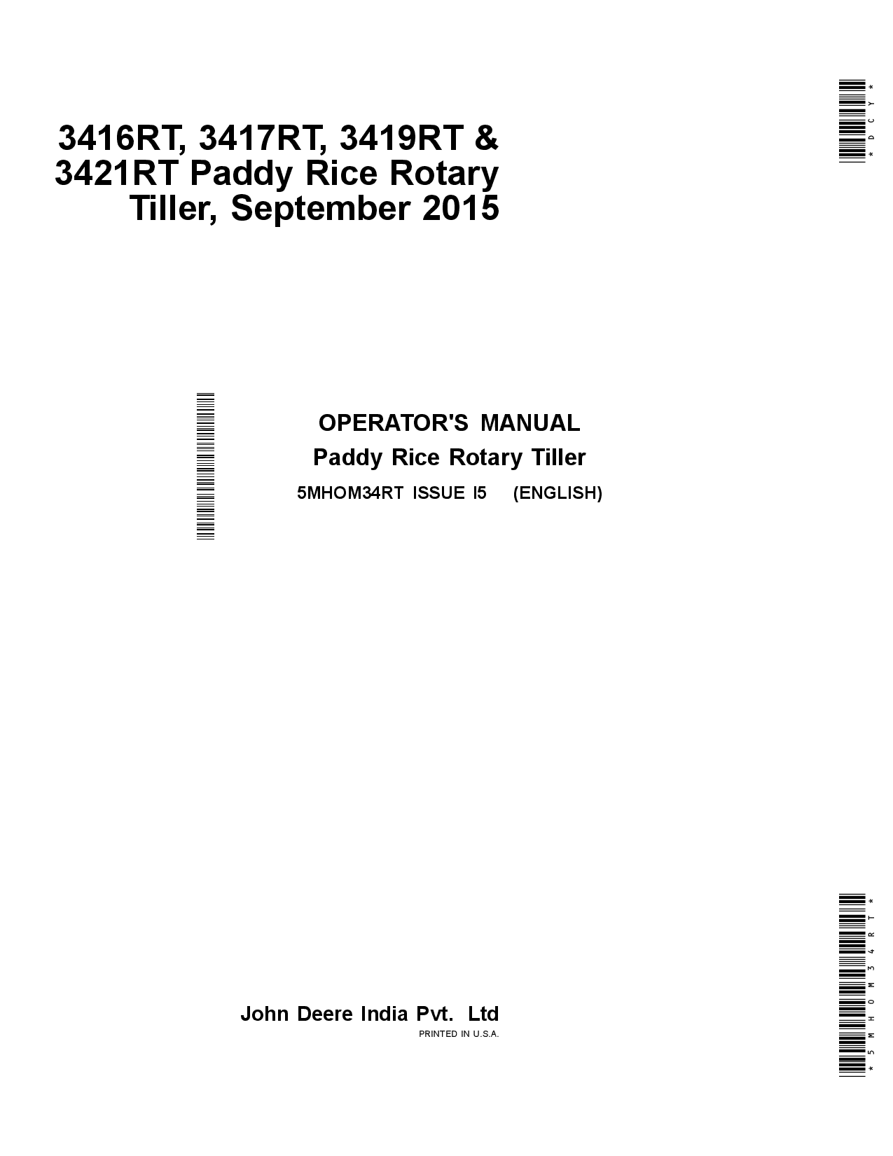 John Deere 3416RT, 3417RT, 3419RT & 3421 RT Rice Paddy Rotary Tillers 5MHOM34RT Operators and Maintenance Manual PDF Download