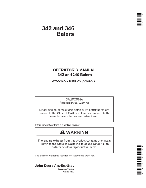 John Deere 342 & 346 Balers OMCC16730 Operators and Maintenance Manual PDF Download