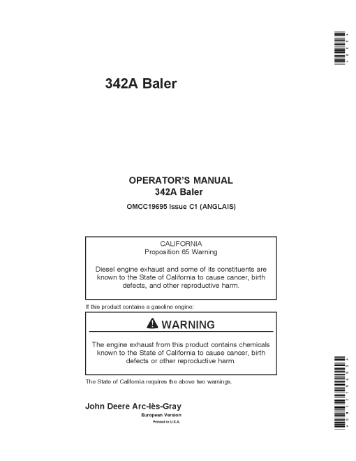 John Deere 342A Baler OMCC19695 Operators and Maintenance Manual PDF Download
