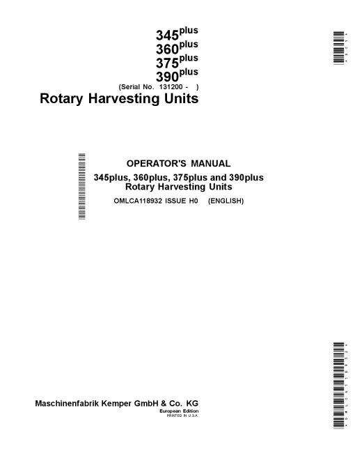 John Deere 345 plus, 360 plus, 375 plus, and 390 plus Rotary Harvesting Units (131200-) OMLCA118932 Operators and Maintenance Manual PDF Download
