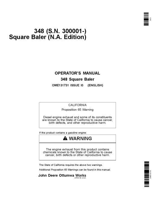 John Deere 348 Square Baler (MY2019) OME131731 Operators and Maintenance Manual PDF Download