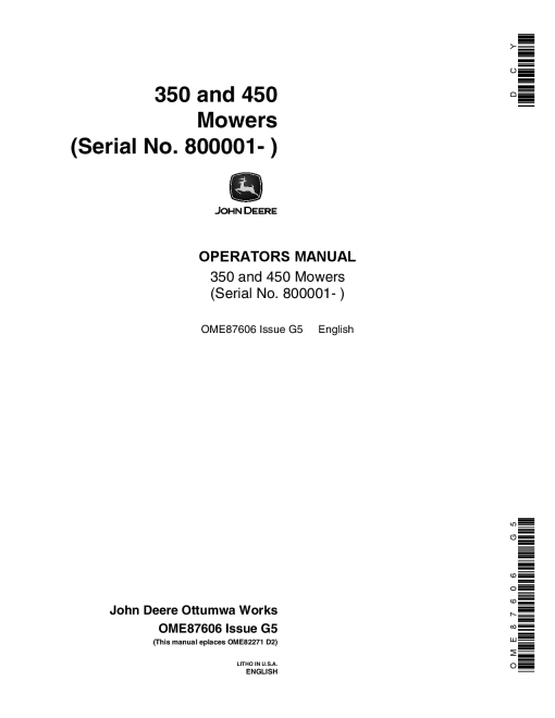 John Deere 350, 450 Mowers OME87606 Operators and Maintenance Manual PDF Download