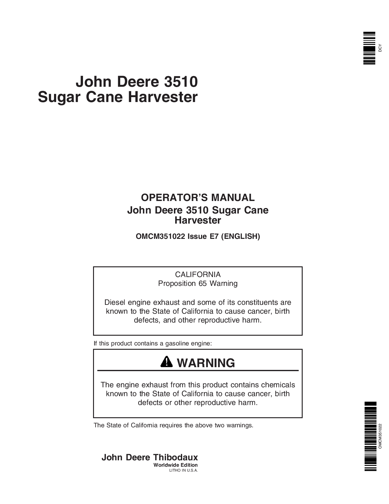 John Deere 3510 Sugar Cane Harvester (070301-) OMCM351022 Operators and Maintenance Manual PDF Download