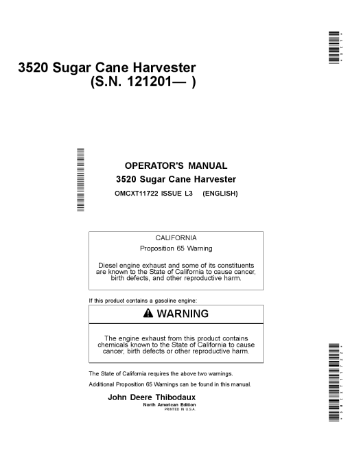 John Deere 3520 Sugar Cane Harvest (with text safety decals) (121201-) OMCXT11722 Operators and Maintenance Manual PDF Download