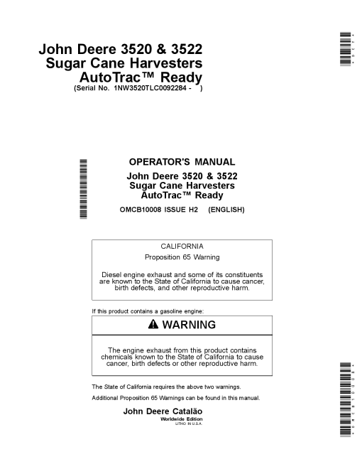 John Deere 3520 and 3522 Sugar Cane Harvesters AutoTrac Ready OMCB10008 Operators and Maintenance Manual PDF Download